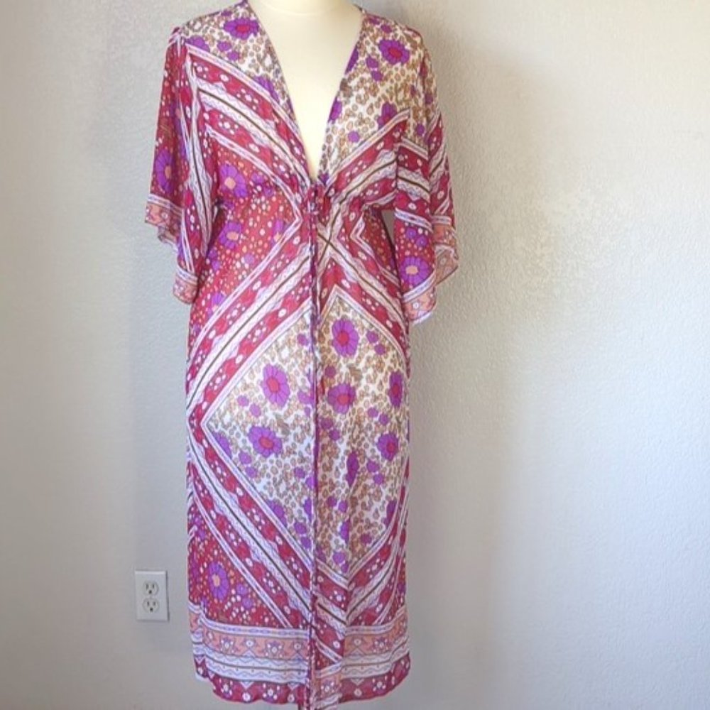 Cupshe  Swim Cover Up One Size Floral Boho Drawstring Kimono Midi
